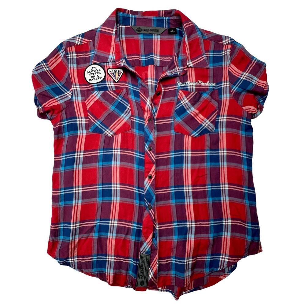 Harley Davidson Red Plaid Button Up Shirt Women’s S Better On A Harley Patch Top
